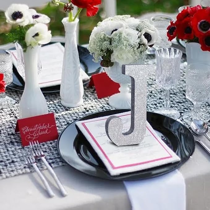 TONIFUL 8 Inch Silver Glitter Letter J Table Centerpiece A-Z Silver Birthday Party Decorations,Silver Alphabet J for Birthday,Chrismas,Graduation,Bridal Shower,Wedding,Anniversary Party Supplies