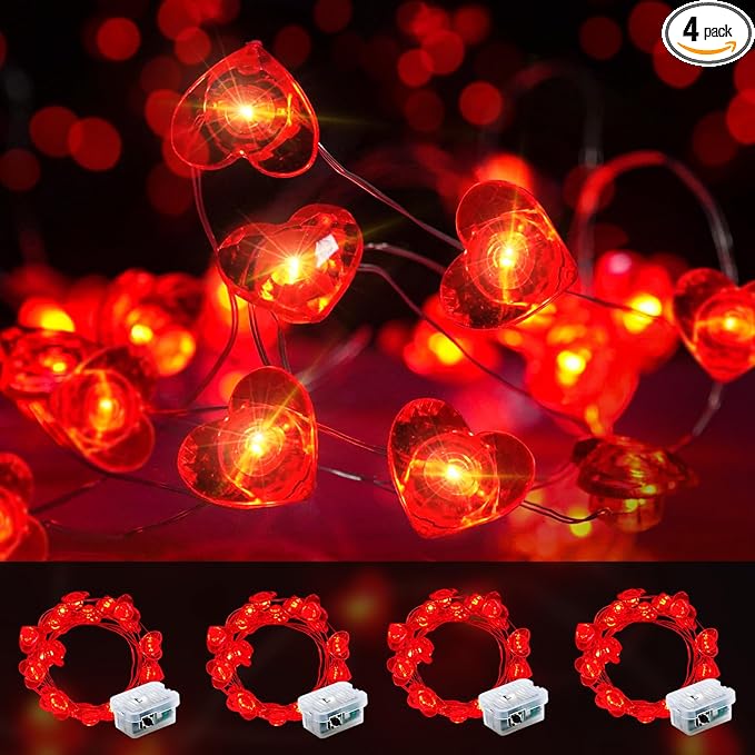 4 Pack Valentines Day Fairy Lights 7Ft 20 LED Twinkle String Lights Battery Operated Waterproof Firefly Starry for Mason Jar Party Wedding Christmas (Red, 4)