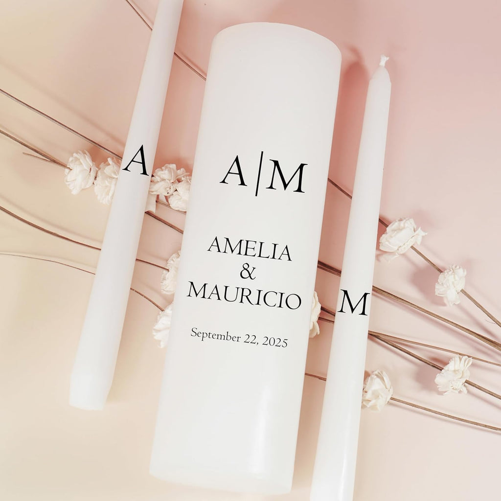 Unity Candles for Wedding, Modern Unity Set, Custom and Personalized Pillar and Taper Candles, Custom Date and Names. Unscented White Premium Wax, Religious and Wedding Ceremony, Special Events