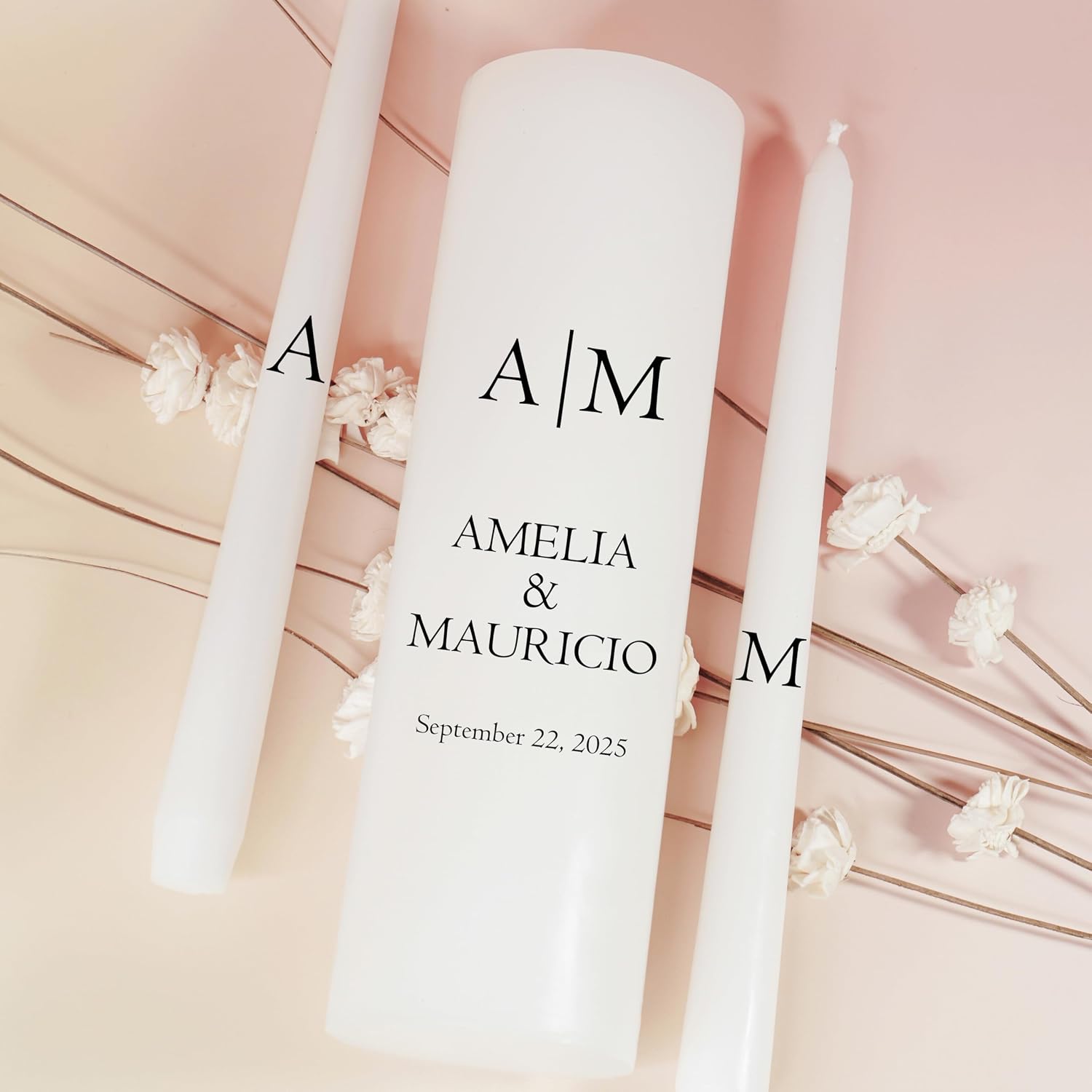 Unity Candles for Wedding, Modern Unity Set, Custom and Personalized Pillar and Taper Candles, Custom Date and Names. Unscented White Premium Wax, Religious and Wedding Ceremony, Special Events