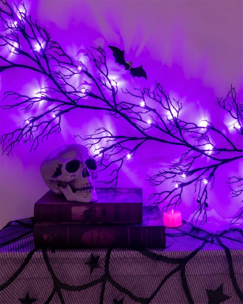 halloween twig garland decoration with 45 purple led, close-up detail