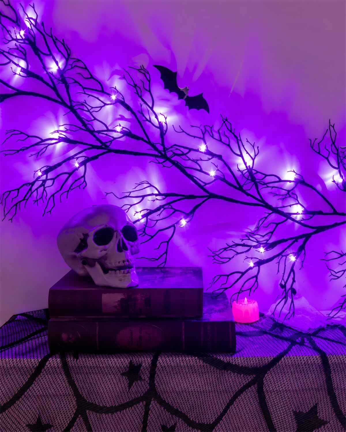halloween twig garland decoration with 45 purple led, close-up detail