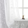 VISIONTEX White Leaves Sheer Voile Curtains, Decorative Embroidery Rod Pocket Window Drapes for Home Living Room and Bedroom 54 x 72 Inch, Set of 2 Curtain Panels