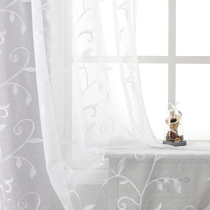 VISIONTEX White Leaves Sheer Voile Curtains, Decorative Embroidery Rod Pocket Window Drapes for Home Living Room and Bedroom 54 x 72 Inch, Set of 2 Curtain Panels