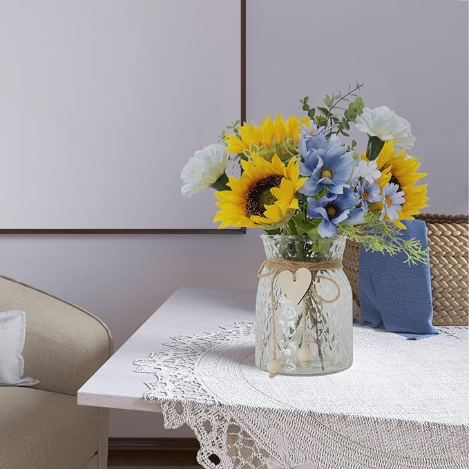 Leftover Faux Flowers in vase,Table centerpieces for Dining Room,Blue-Yellow Sunflower Flower centerpieces for Tables