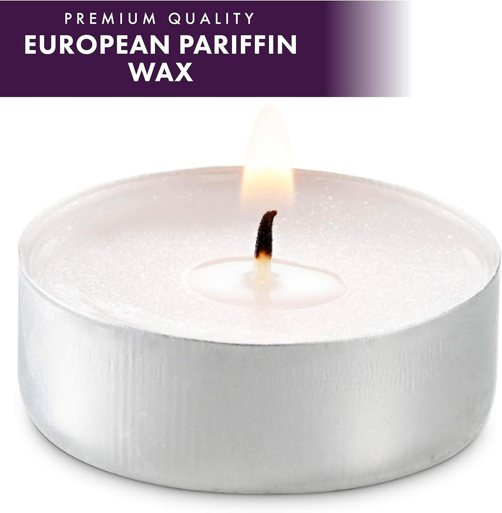MontoPack Unscented Tea Light Candles 100 Pack | 4 hours, White, Smokeless, Dripless Small Votive Paraffin Tealights | Long-Lasting for Home, Shabbat, Weddings, Events, Emergencies | Mini Candles Bulk