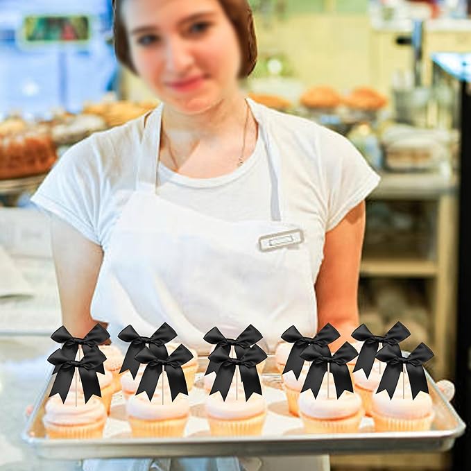 24 PCS Bow Cupcake Toppers Bowknot Cake Toppers Bow Cupcake Picks Bowknot Birthday Party Decorations Bow Cake Dessert Picks for Wedding Bridal Engagement Baby Shower Birthday Party Supplies Black