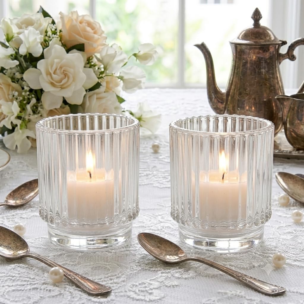 Kate Aspen Vintage Ribbed Red Glass Candle Holders Set of 6 - Votive & Tealight Candle Holder Decor for Holiday Table Decor, Christmas Dining Tablescape, Fall & Boho Home Accents (Clear)