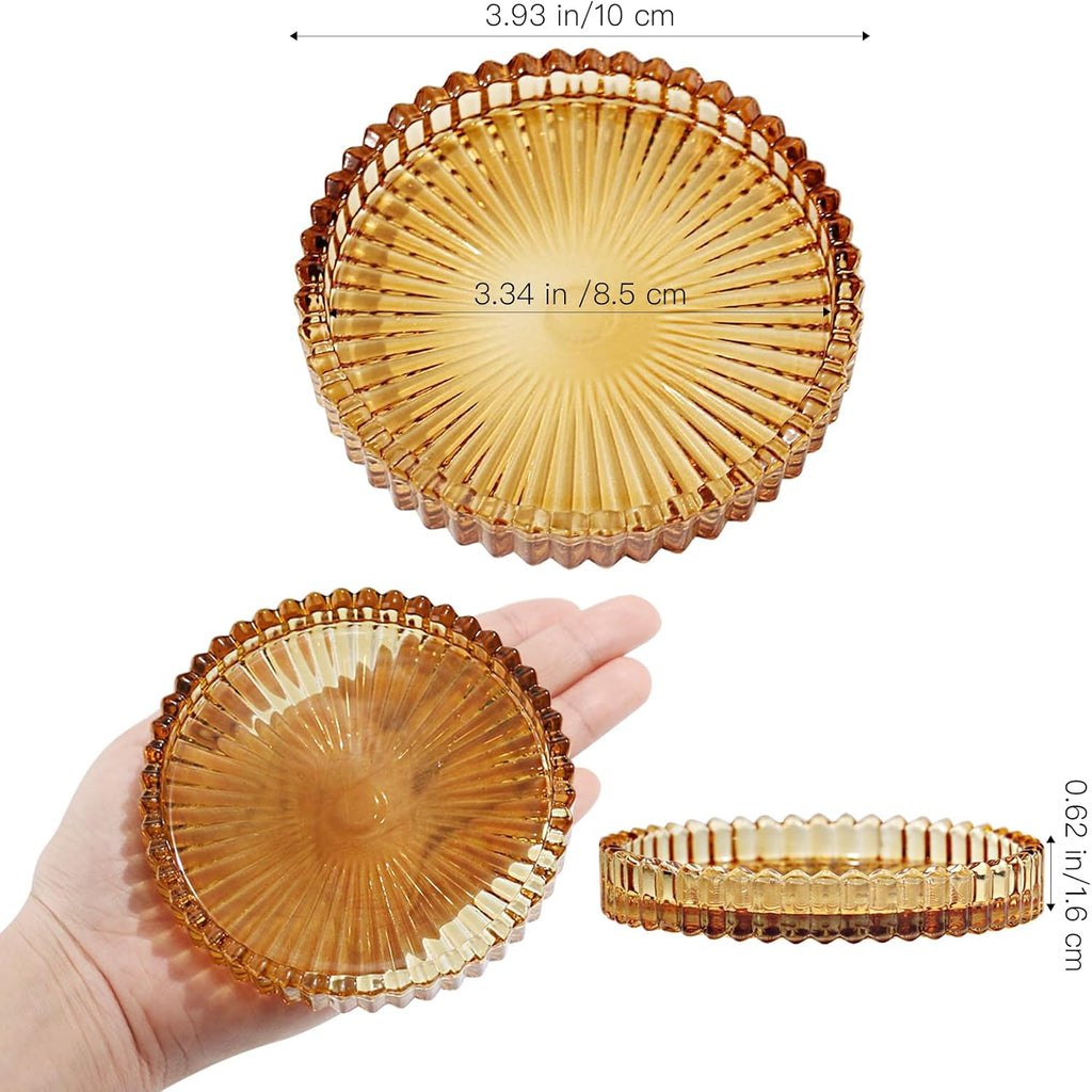 Glass Pillar Candle Holder, 4" Amber Candle Plates Set of 3, Glass Candle Holders for Wedding, Party, Holiday, Home Decor, Table Centerpiece