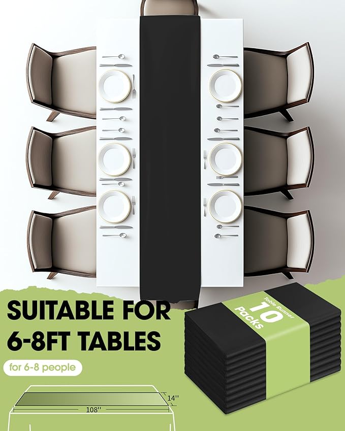 Pureegg Black Plastic Table Runners - 10 Pack, 14'' x 108'', Water Resistant & Disposable Centerpiece Decorations for Table Cloth, Wedding, Birthday, Holiday, Baby Shower, Party, Home Decor