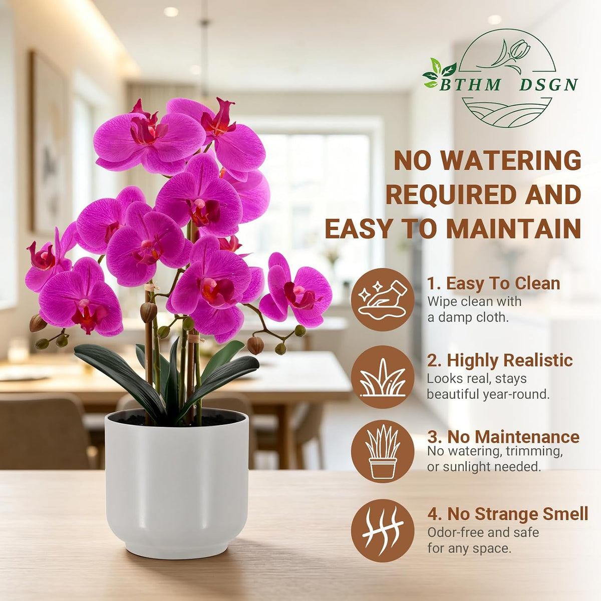 faux orchid 19”tall artificial flower plant indoor for, close-up detail