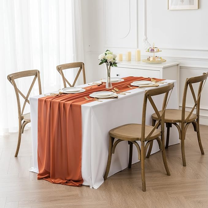 12Pack 9ft Chiffon Table Runner 14x108 Inch Sheer Romantic Table Runner for Wedding Birthday Party Bridal Shower Outdoor Decoration-Rust