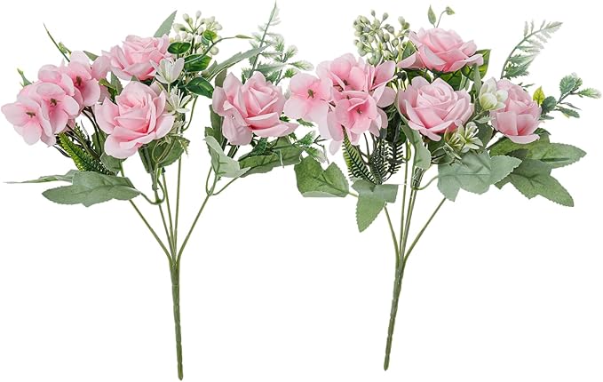 Artificial Flower 5 Branches Artificial Silk Fake Flowers Bouquet Small Roses for Wedding Home Office Tables Decor 2 Packs(Pink)