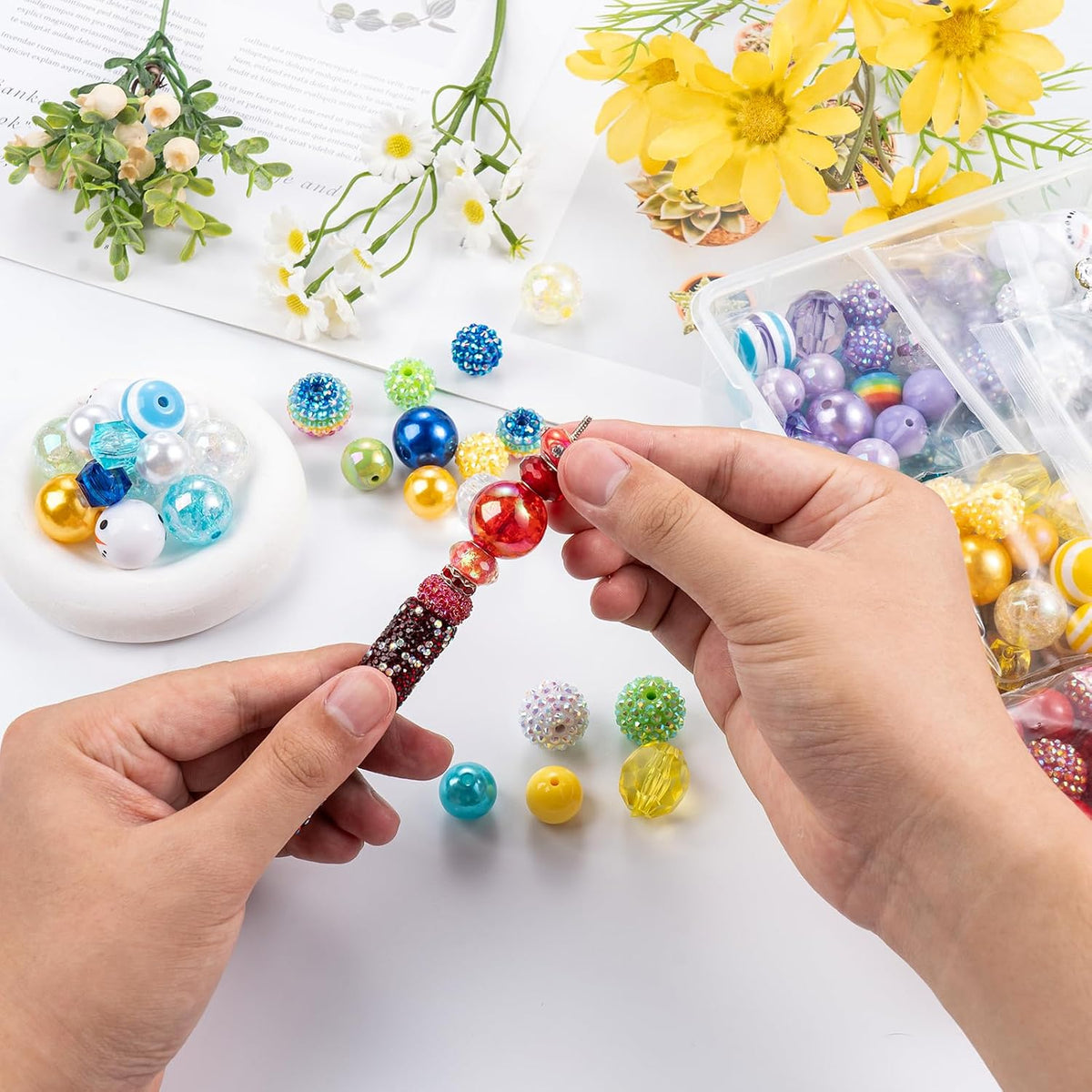370pcs Beads for Pens DIY Kit,Rhinestone Spacer Acrylic Focal Beads