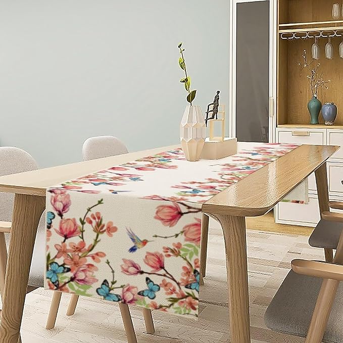 Spring Floral Bird Table Runner, Watercolor Pink Flower Plants Nature Butterfly Table Runner for Kitchen Dinner Living Room Home Party, 13x70 Inch