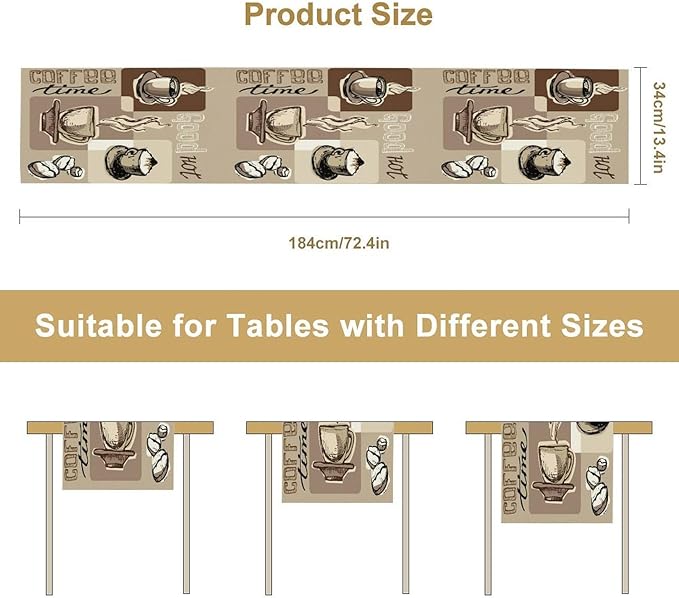 Coffee Table Runner,Vintage Style Coffee Cup Bean Abstract Theme Pattern Print Tablecloth Burlap for Hotel Indoors Outdoor Dining Room Kitchen Table Decor, 13x36in