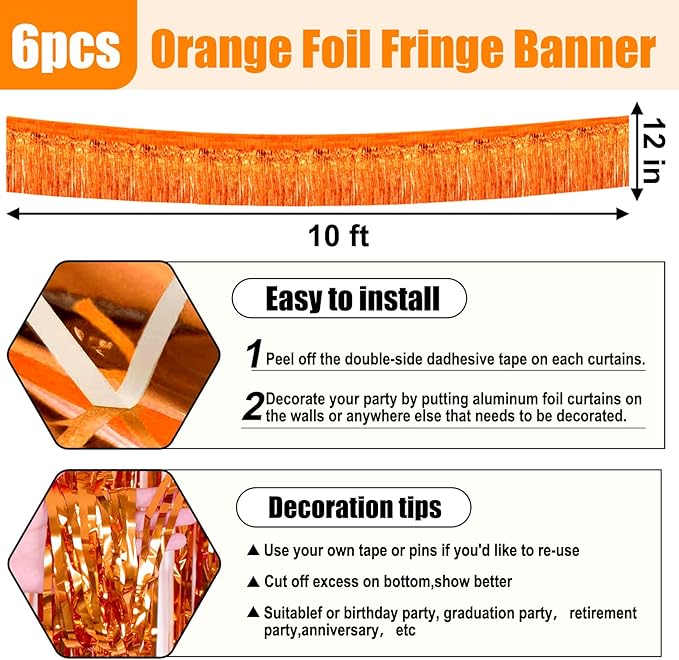 6 Pack 10 Feet Orange Foil Fringe Garland Metallic Tinsel Streamers Banner Wall Hanging Curtain Backdrop for Parade Floats, Birthday, Graduate, Mother's Day, Wedding Party Decoration