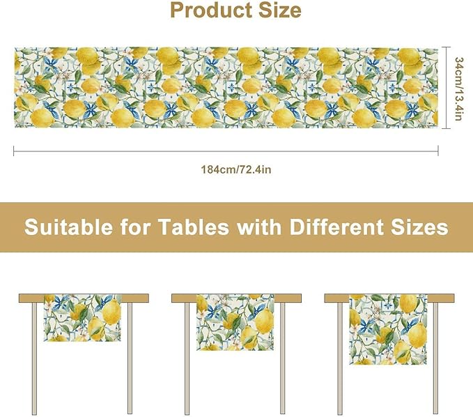 Lemon Table Runner,Watercolor Fruit Green Leaves Spring Summer Table Cloth Kitchen Dining Table Home Party Decoration 13x108 Inch