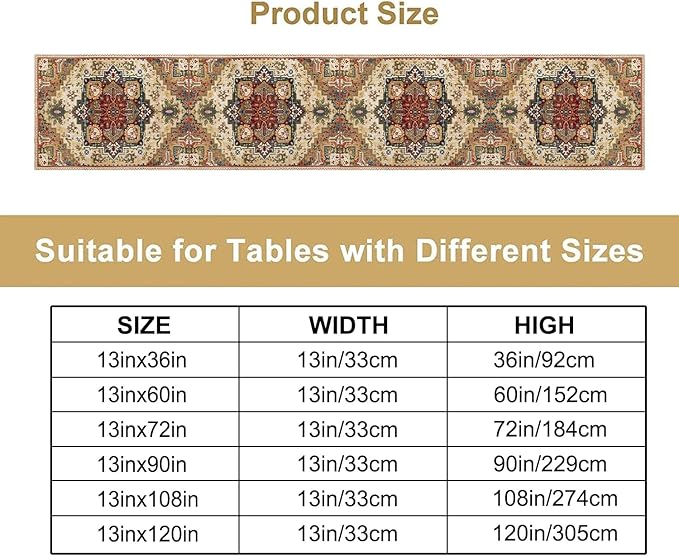 Boho Bohemia Style Table Runner, Vintage Yellow Brown Retro Flower Rustic Country Style Floral Print Pattern for Home Kitchen Table Decor Dining Coffee Room Garden Party Decor 13x108in