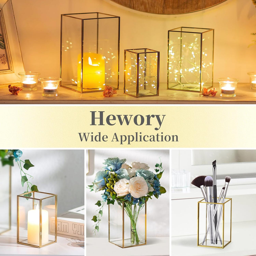 Hewory Glass Hurricane Candle Holder: Gold Hurricane Candle Holders with Metal Frame Square Set of 3, Clear Candle Holder for Table Centerpiece Wedding Christmas Engagement Birthday Party Decorations