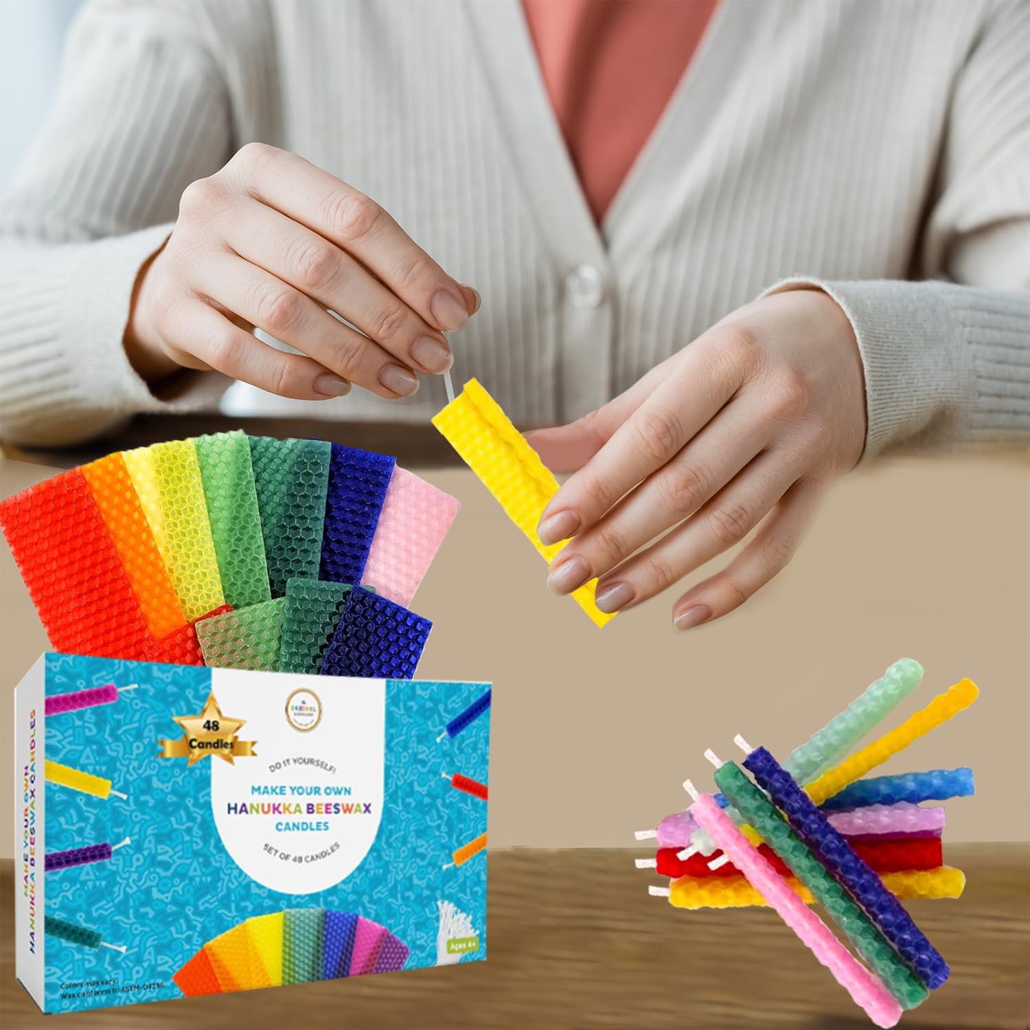 The Dreidel Company 48-Pack Make Your Own Hanukkah Beeswax Candles, Complete DIY Do It Yourself Chanuka Candles Starter Kit