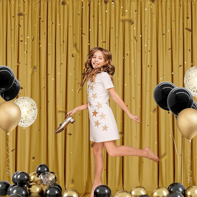Sugargirl 10x10FT Gold Backdrop Curtains Polyester Photo Backdrop Drapes Curtains 2 Panels with Rod Pockets for Party Birthday Wedding Photography Home Decoration