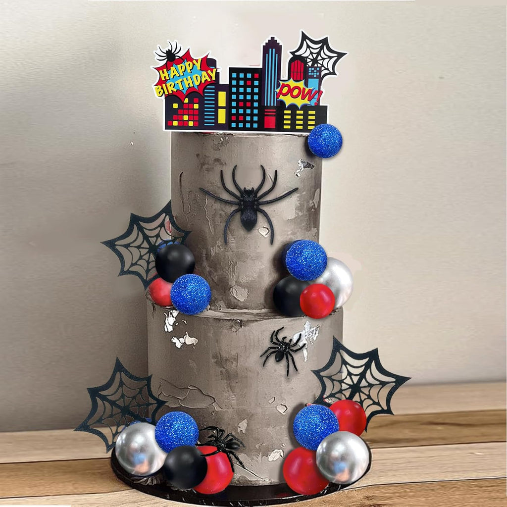 38pcs Spider Cake Topper Balls Cake Decorations Spider Web Cake Decor with Black Red Silver Glitter Blue Balls Spider City Theme Happy Birthday Topper for Boys Men Baby Shower Party Supplies