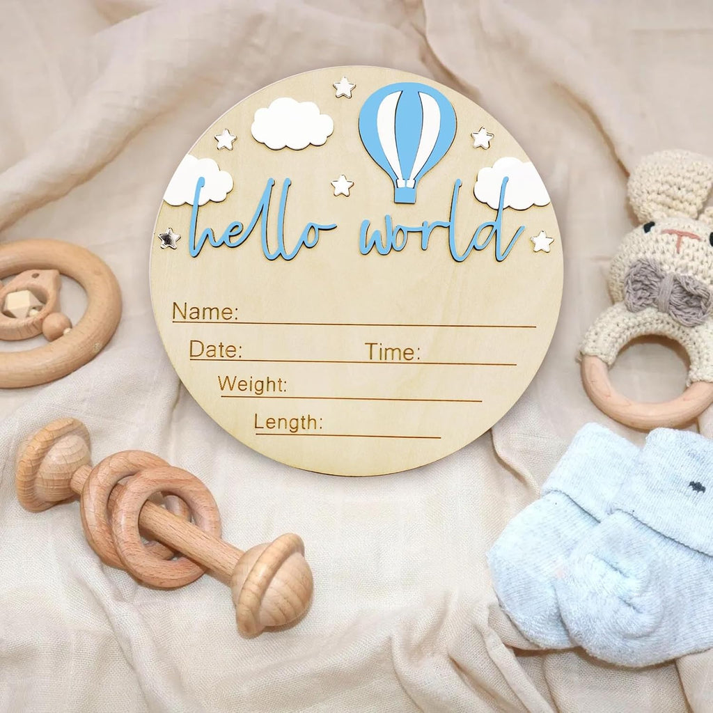 Baby Announcement Sign, 5.9 Inch Wooden Hello World Newborn Signs, Birth Announcement Sign and Pen, Hot Air Balloon and White Cloud Decoration, Welcome Newborn Arrival to World (Blue)