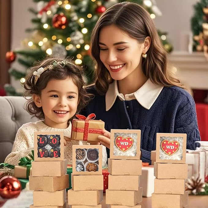 100-Pack 4x4x2 InchesBrown Bakery Boxes - Treat/Cookie/Truffle Boxes for Mini Cakes, Pies & Cinnamon Rolls - Wedding Party Favor Packaging