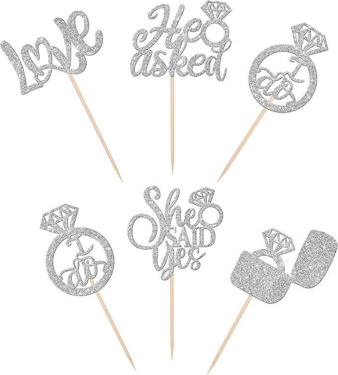 30 PCS He Asked She Said Yes Cupcake Toppers Diamond Ring Cupcake Picks Love I Do Bridal Shower Cupcake Decorations for Wedding Enaggement Theme Party Cake Decorations Supplies Silver