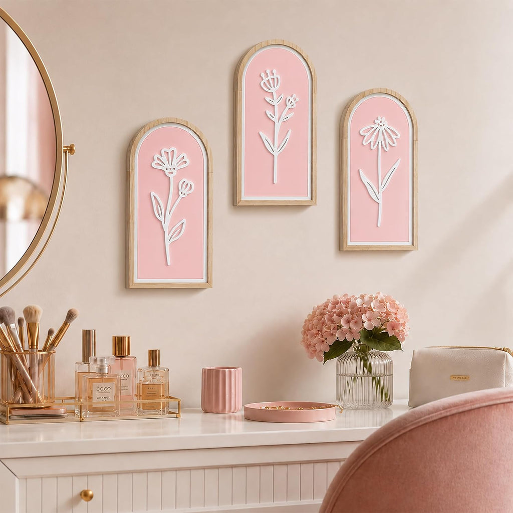 Pink 3D Wooden Floral Wall Art Set of 3, Arched Boho Girls Room Wall Decor | Pink arched panels with raised white floral cutouts in wood frames; ready to hang in bedrooms, teen rooms, dorms or hallways