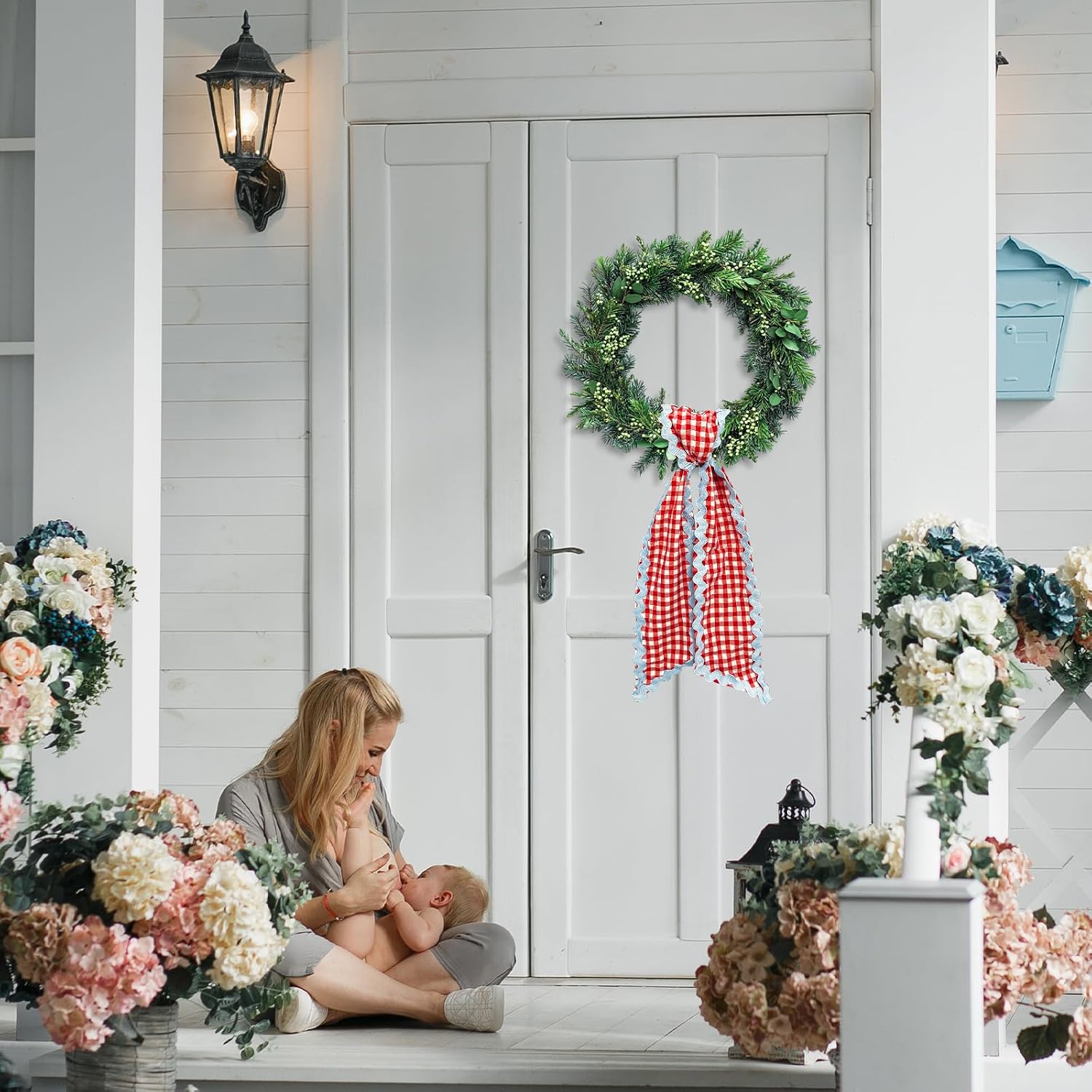 Wreath Sash for Front Door Red White Buffalo Plaid Wreath Satin Sash Blue Wave Garland Ribbon Accessories for Wreaths Yard Doorway Indoor Outdoor Bow Bridal Shower Home Decor,5.11 x 54.33