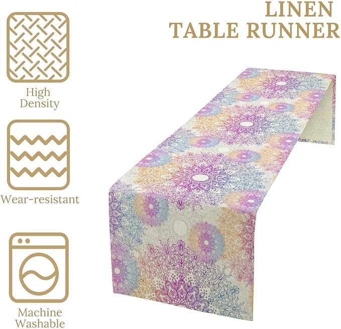 Oriental Mandala Table Runner, Traditional Bohemian Gradiently Purple Pink Blue Mandala Flower Table Runner for Farmhouse Cottage Kitchen Dining Table Decor, 13x70inch