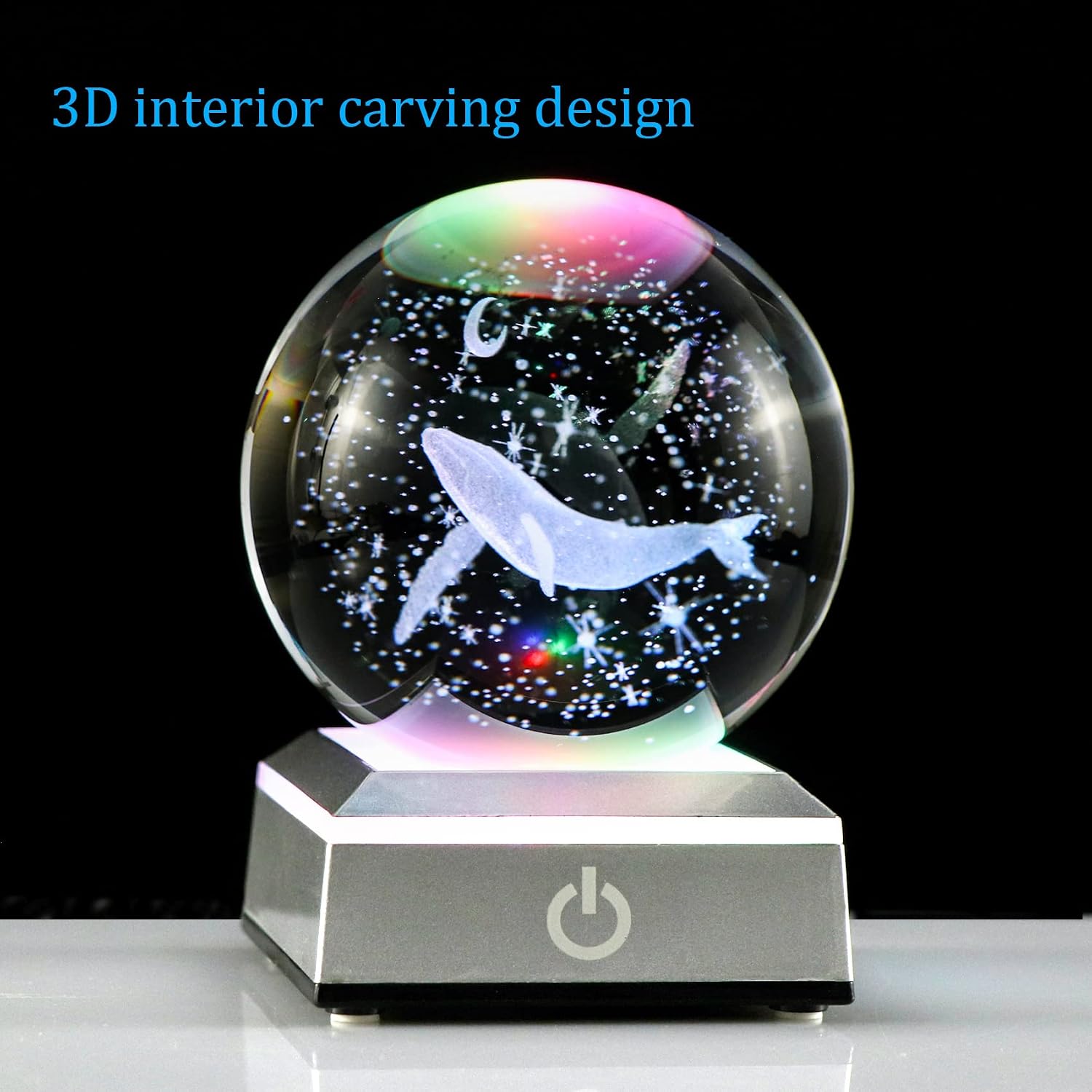 3D Engraved Whale K9 Crystal Ball with Silver LED Base 3.15in. Miniatured Whale Birthday Gifts for Girlfriend Glass Home Decoration (3.15 in.)