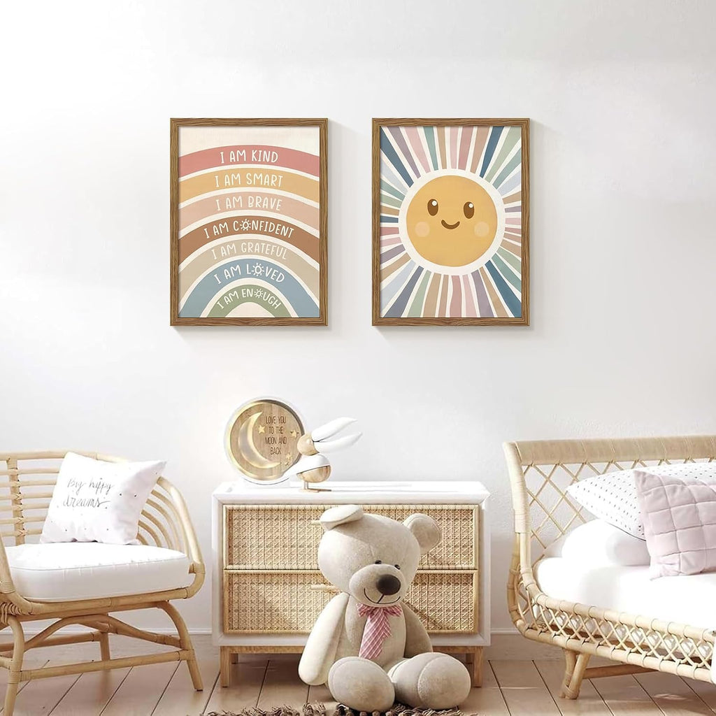 2 Piece Framed Boho Rainbow Kids Room Wall Art 12x16 Inch | Positive Affirmations Playroom Wall Decor, Sun Smiley Face Nursery Painting Canvas Prints for Classroom Toddler Room Decor