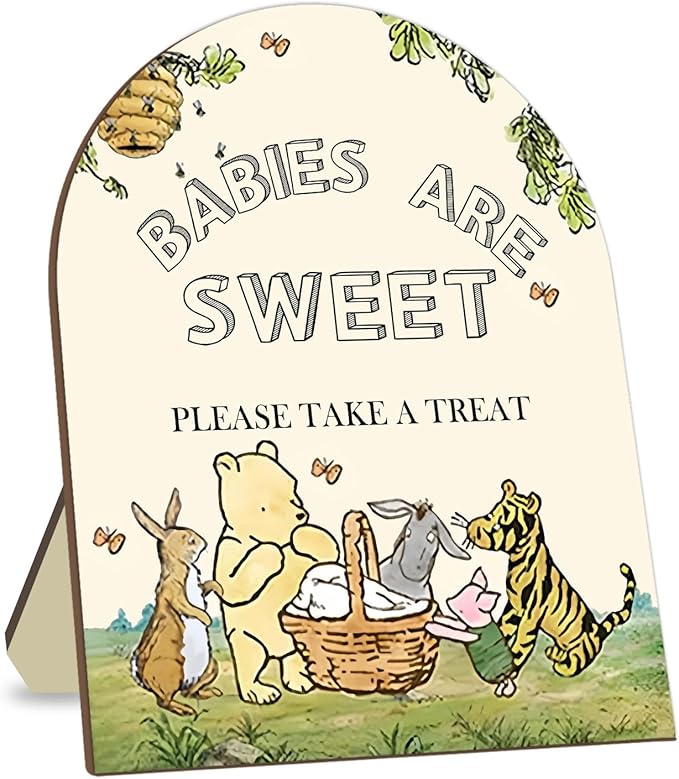 Classic Winnie Baby Shower Welcome Sign, Classic Pooh Babies are Sweet Please Take A Treat Sign, Cute Animals Decor Welcome Sign, Birthday Party Decor Supplies 9 * 11IN