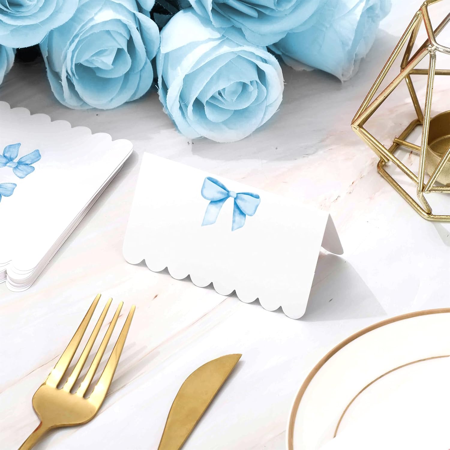 Whaline 80 Pcs Blue Bow Place Cards 8 Design Watercolor Bowknot Tented Name Cards 2 x 3.5 Inch Scalloped Blank Seat Assignment Labels for Party Table Setting Supplies
