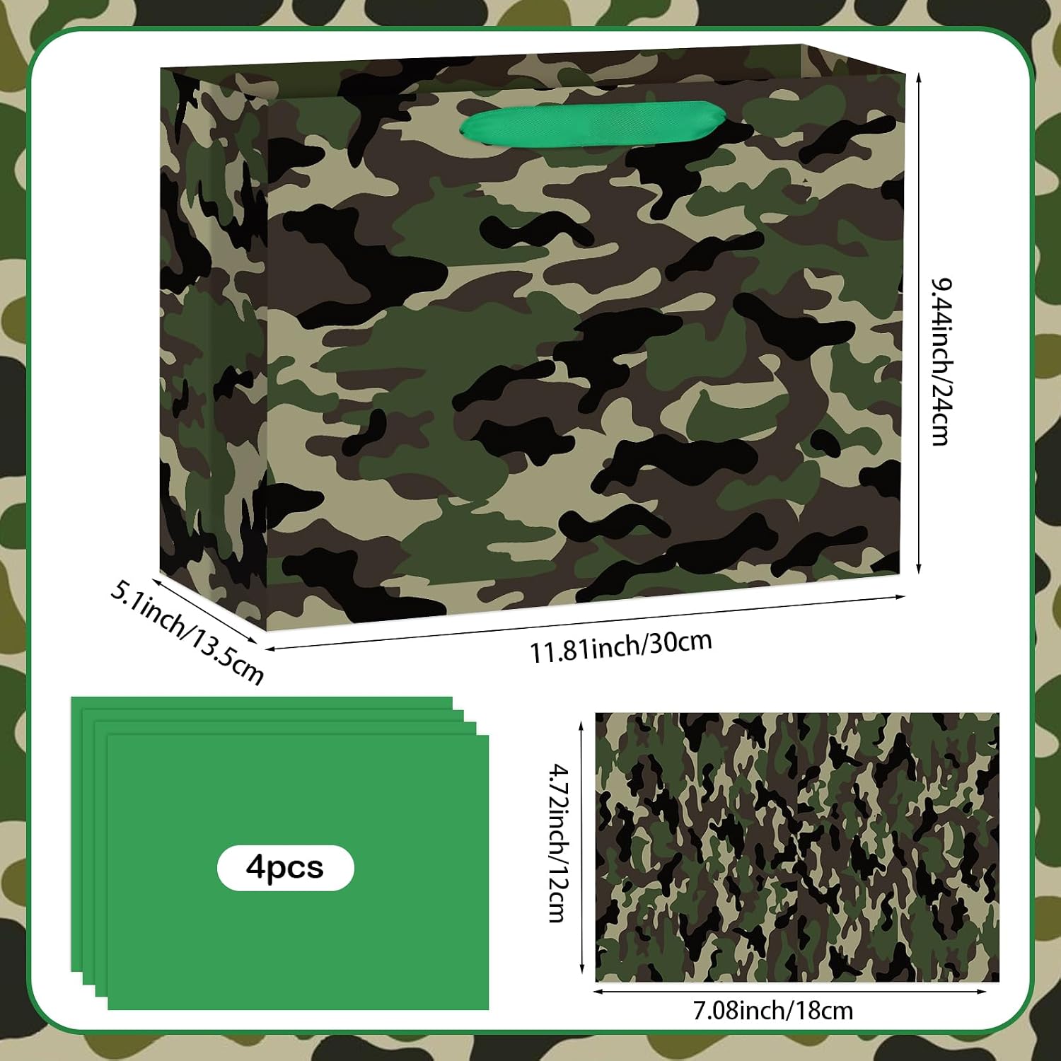 Abilat Large Camo Gift Bag with Tissue Paper and Greeting Card Camouflage Themed Gift Wrapping Bag for Boys Men Army Theme Birthday Baby Shower Party Decorations Supplies