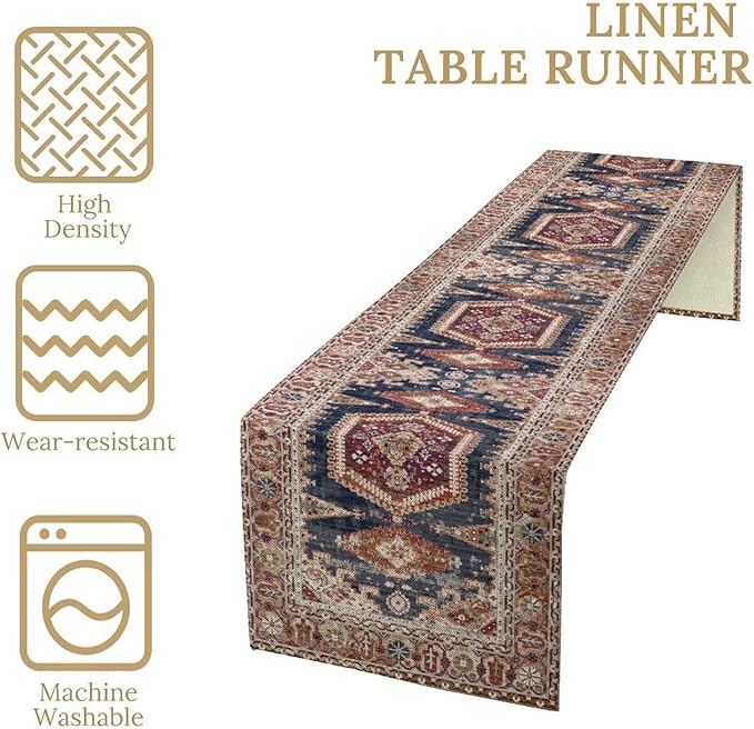 Vintage Boho Table Runner,Flower Geometric Design Rustic Farmhouse Table Runner for Home Farmhouse Kitchen Table Dining Coffee Room Garden Party Wedding Decor 13x120in