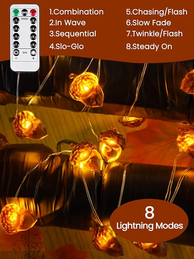 BOSSERN 2 Pack 60LED Thanksgiving Decoration Acorn String Light Battery Operated, 20FT Fall Lights with Remote, Waterproof 8 Modes Fairy Lights for Autumn Harvest Thanksgiving Halloween Decor