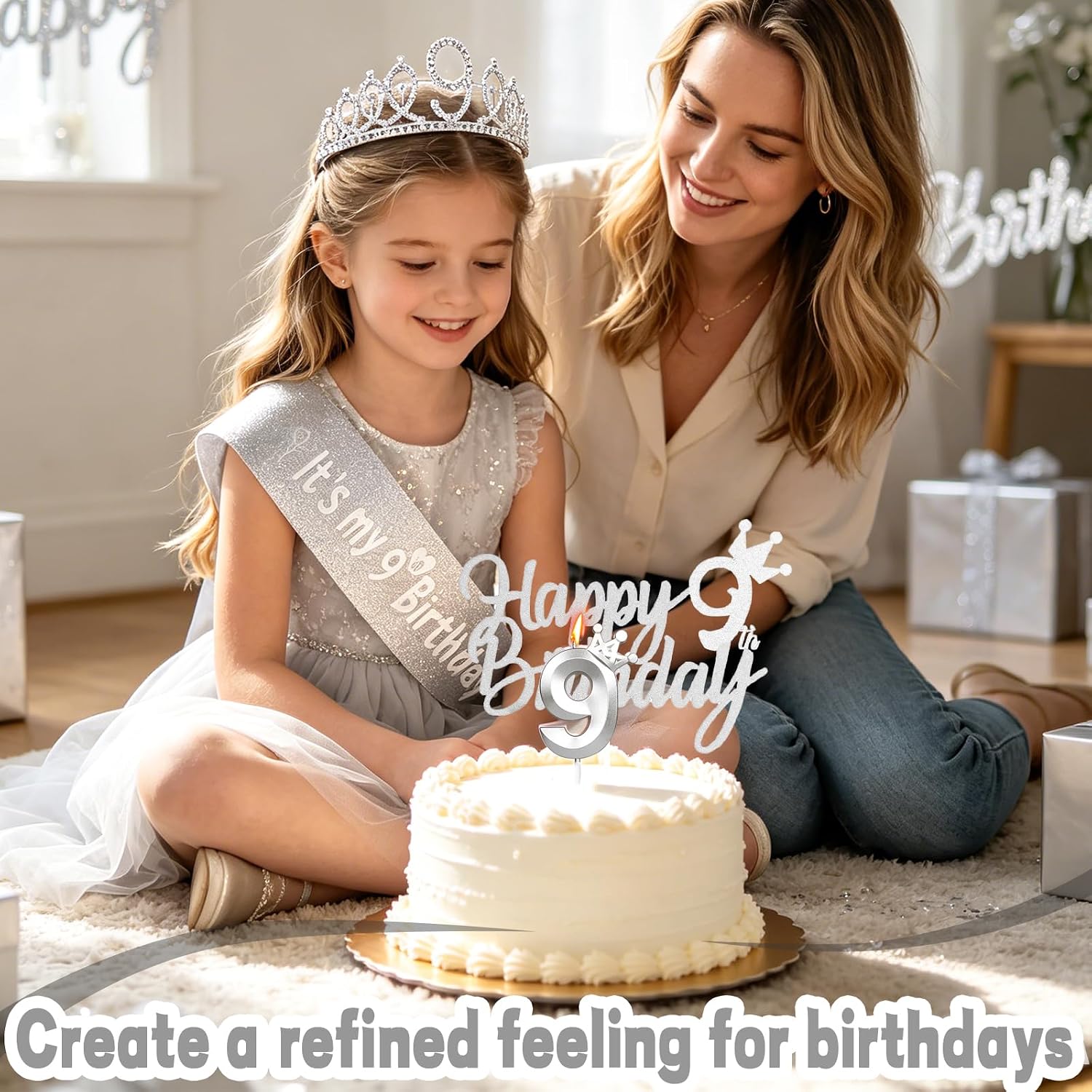 Silver Birthday Party Decorations Including Birthday Crown/Tiara, Sash, Number 9 Candle and Cake Toppers, 9 Year Old Birthday Gift Ideas