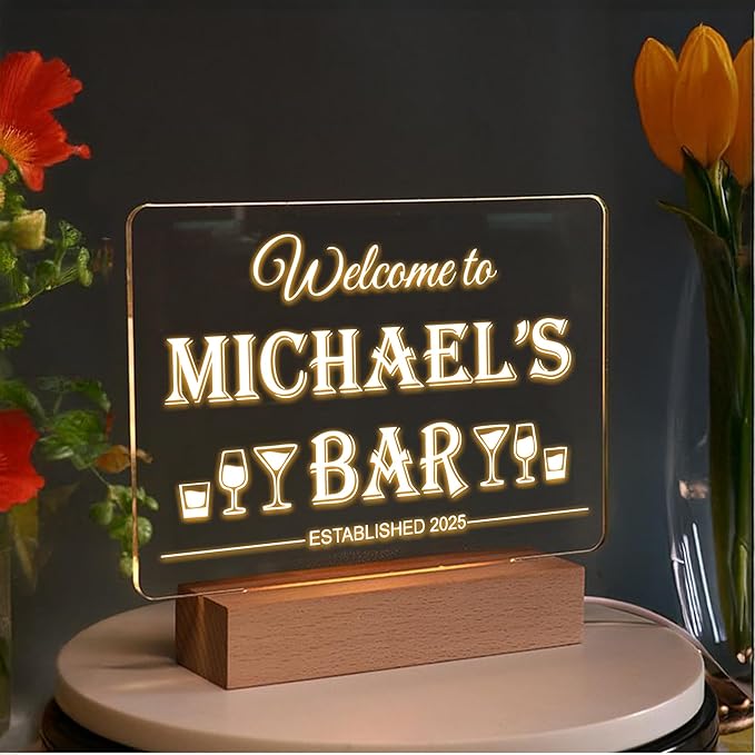 Personalized Bar Gifts for HOME BAR, Custom Name Date Acrylic Light Up Signs, Customized Acrylic Plaque with Night Light, Personalized Night Light for Man Cave Decor