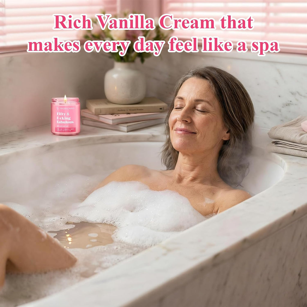 50th Birthday Candle Gifts for Women - Fifty & Fabulous! Creamy Vanilla & Natural Soy Wax Candle, Pink Jar Funny Gifts for Daughter, Sister, Best Friend or Wife Birthday Decorations