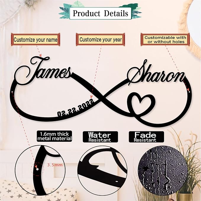 Personalized Custom Infinity Heart Sign, Metal Infinity Sign, Infinity Heart Wall Decor, Custom Name Signs, Romantic Home Decor For Anniversary Or As Valentines Day Decoration