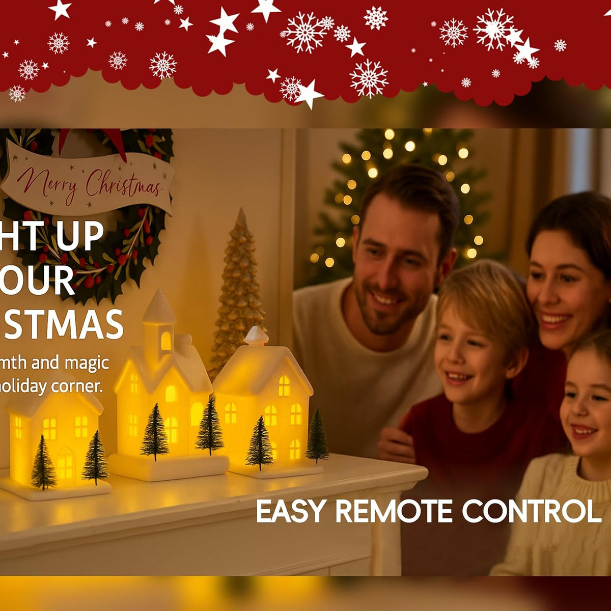 light up christmas village set of 4 lighted, close-up detail