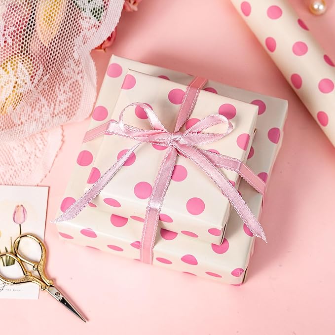 Burymento Pink and Beige Dots Wrapping Paper, Reversible Pink Gift Wrap for Birthday, Valentines, Mothers day, Graduation, Wedding, Fathers day, Baby Shower, Christmas (17in x 32.8ft)
