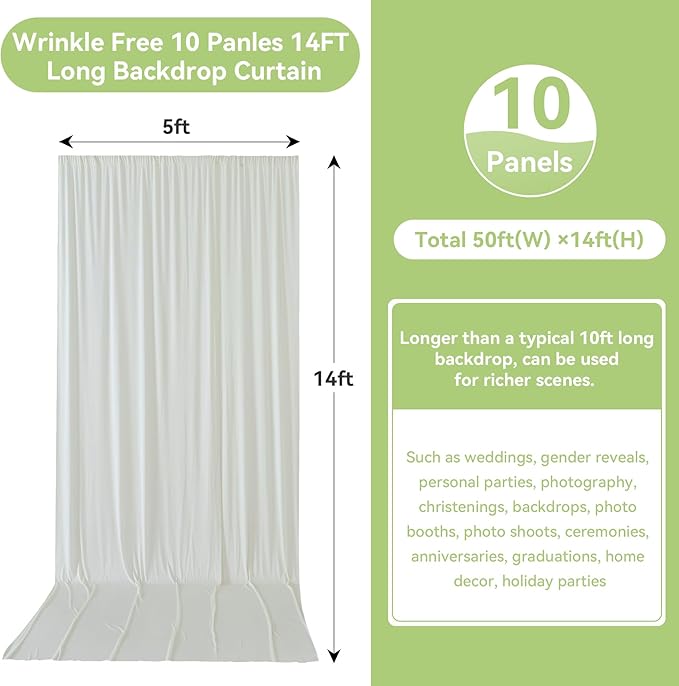 50ftx14FT Wrinkle Free Ivory Backdrop Curtain, 10 Panels 14FT Height Ivory Wedding Backdrop Drapes, Silky Polyester Back Drop Cloth for Birthday Photography Background Party Backdrop Draping
