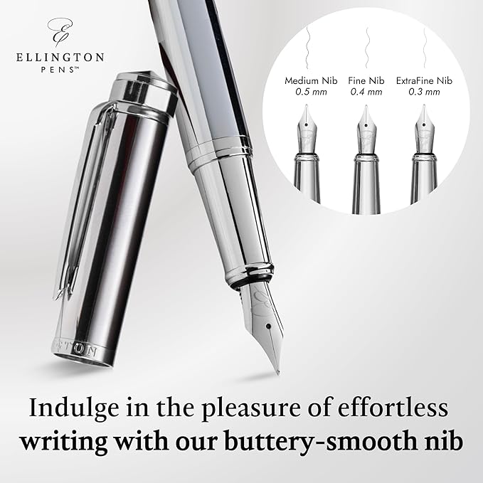 Ellington Pens Luxury Fountain Pen Set- Fountain Pens for Writing - Smooth Extra Fine Nib - Includes Refillable Ink Converter, 3 Ink Cartridges [Black & Blue], Gift Box - Elegant Calligraphy