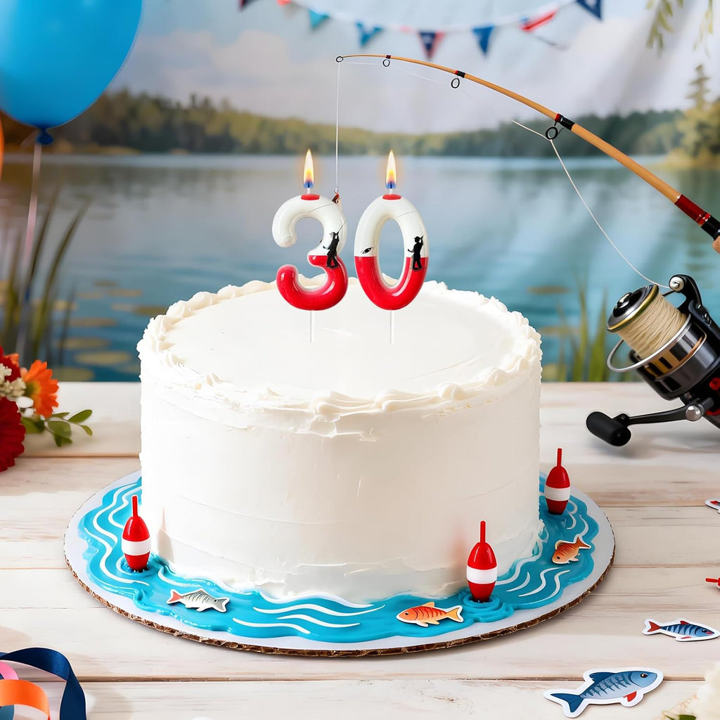 Fishing Birthday Candle Number 30 for Men, Red and White Bobber Cake Topper, Dad Grandpa Cake Decoration