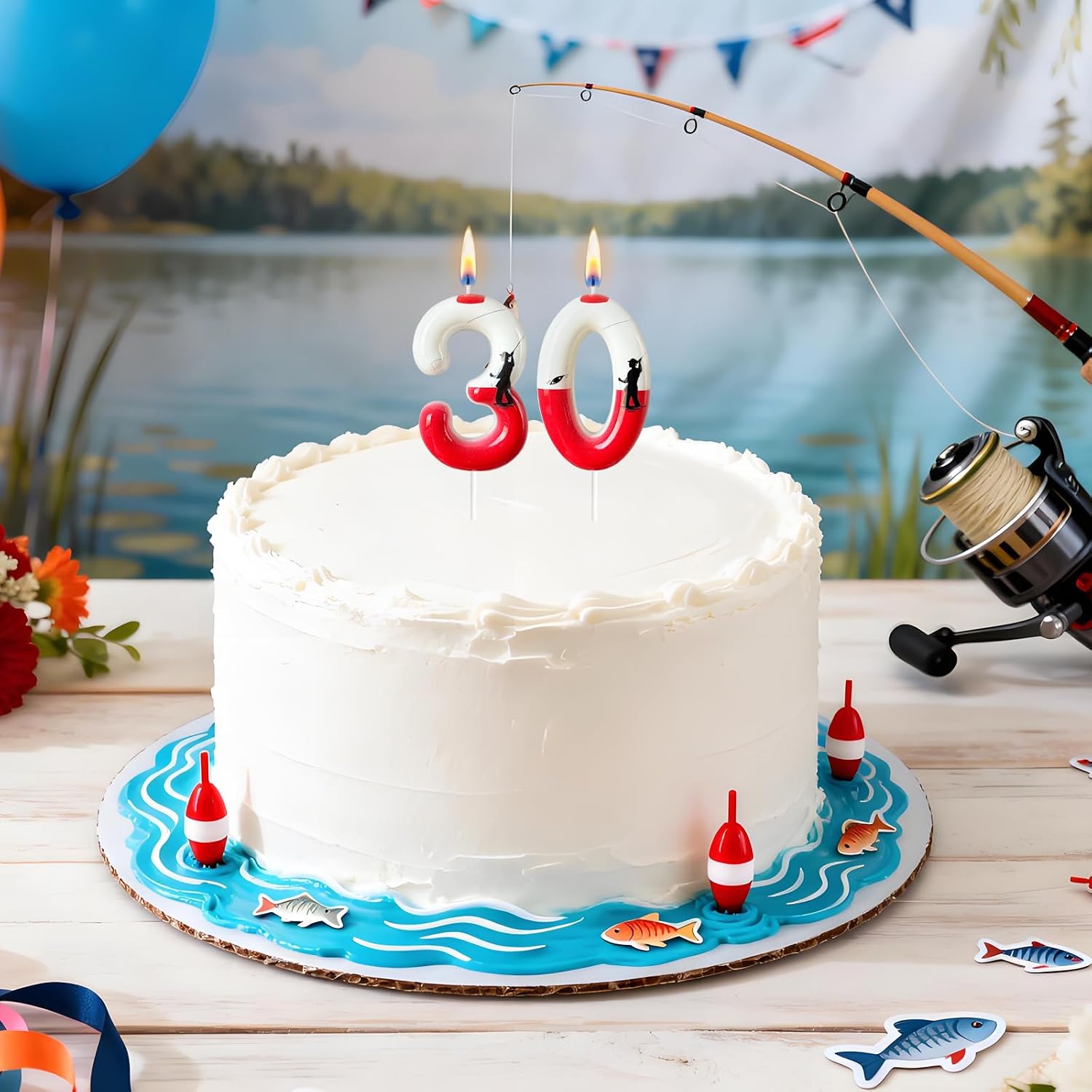 Fishing Birthday Candle Number 30 for Men, Red and White Bobber Cake Topper, Dad Grandpa Cake Decoration